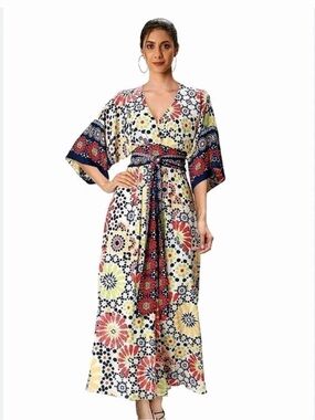 NWOT Wayward Fancies eShakti Graphic Floral Crepe Sash Tie Kaftan Dress, Size4x